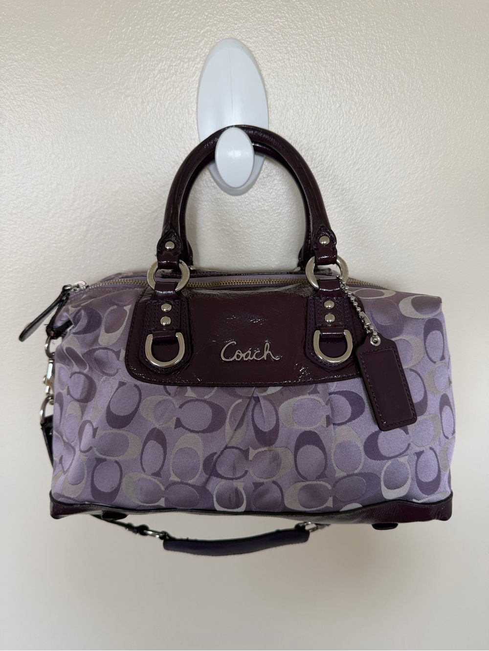COACH MEDIUM F18425 Purple Sabrina Signature C w/Patent Leather Trim Satchel
